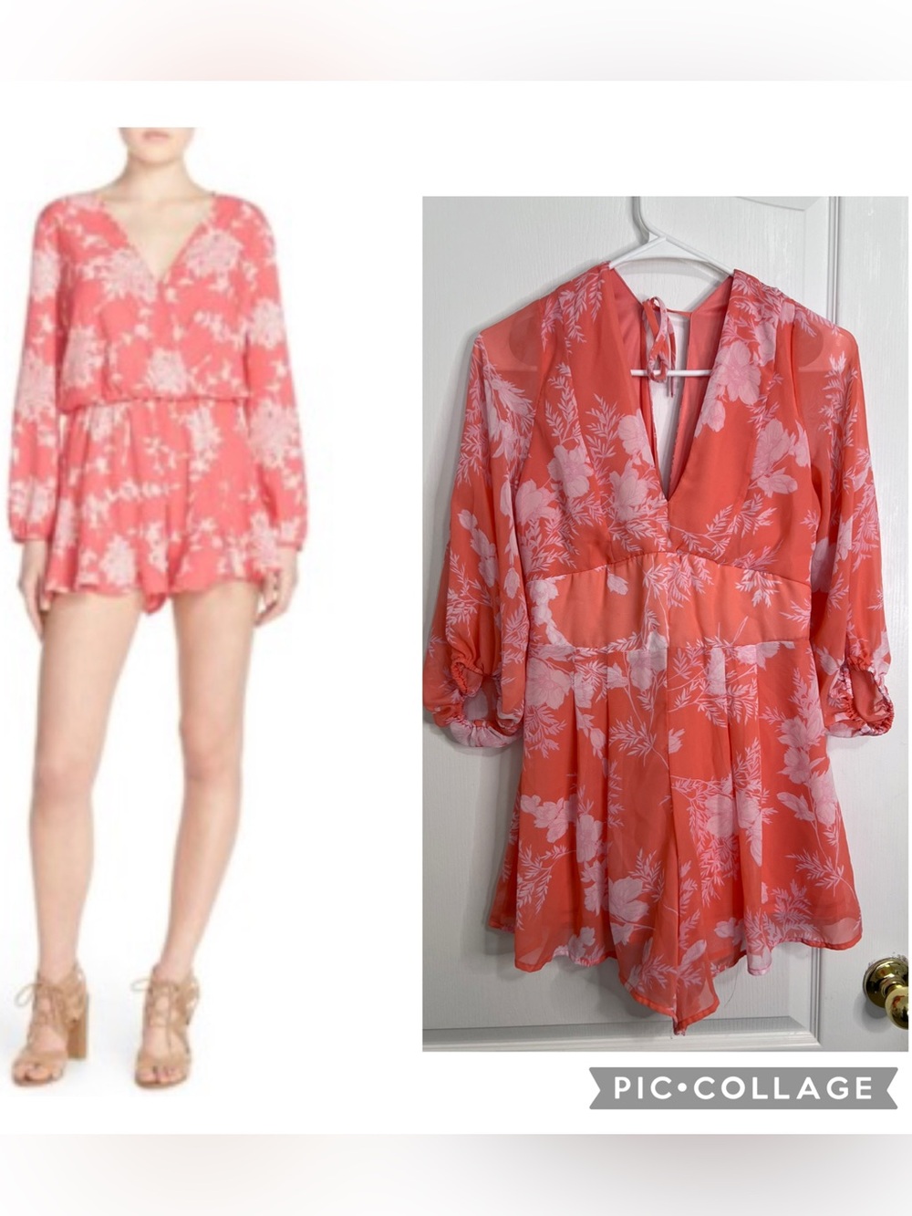 Nordstrom Fraiche by J Pink Floral Crepe Long Sleeve Surplice Romper size M
